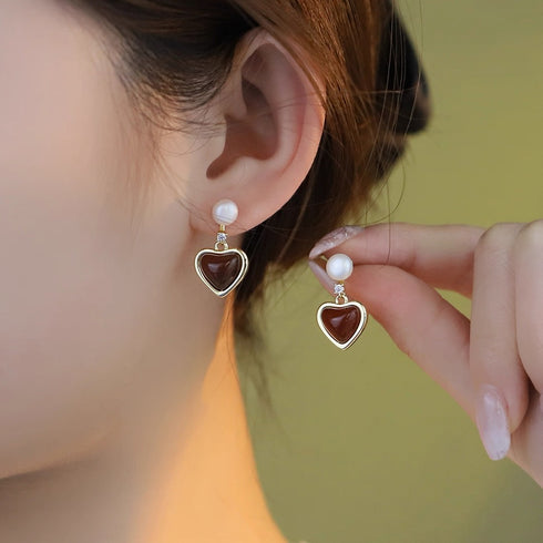 Red Heart Pearl Earrings - Gold Vermeil